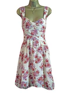 Miss Selfridge Open Back Cream Tea Dress Vtg 40s Red Floral Design