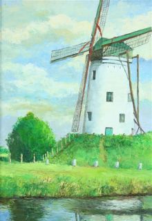 Vintage Framed Oil Painting Windmill Plein Air Damme
