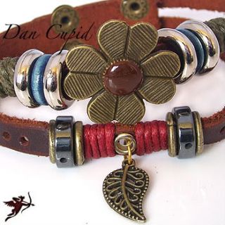 Leather Flower Leaf Bracelet Wristband Ethnic Hemp Bead Handcraft