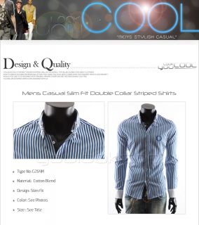 Youlookcool Mens Slim Fit Double Collar Blue White Striped Designer