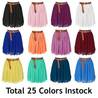 Women Lady Chiffon Pleated Mini Skirts Retro High Waist Double Layer