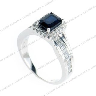 14k White Gold Emerald Cut Black Sapphire Diamond Ring