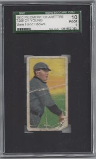 Cy Young HOF Cleveland 1910 Piedmont T206 Bare Hand Shows SGC 10 Poor