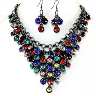  Crystal Bib Statement Earrings Necklace Set Costume Jewelry