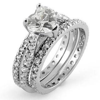 Heart Round Cubic Zirconia Solitaire Bridal Set Engagement Ring Sliver