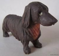 Vintage ANRI Wood Carving LONG HAIRED Black & Tan DACHSHUND Dog