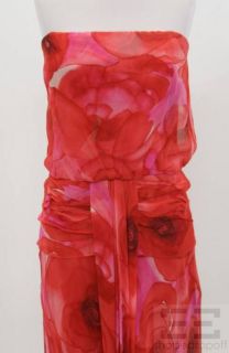 David Meister Pink Red Floral Print Strapless Evening Dress Size 12