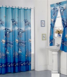 Aqua Blue Design Shower Curtain and Window Set w/ Liner+Rings NEW