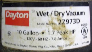 Dayton 2Z973D Shop Vac Vacuum Wet Dry Cleaner 10 Gallon