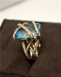 Authentic David Yurman Blue Hampton Topaz Diamond Cable Ring w Box