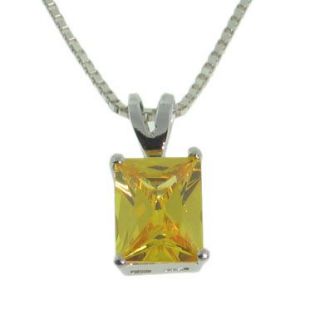  Solid Sterling Silver Emerald Cut Citrine Pendant Necklace