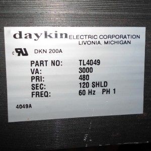 Daykin 3000VA 480V to 120V Single Ph Step Down Disconnect Transformer