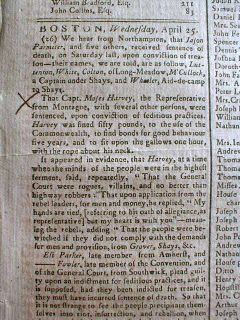 1787 Newspaper Shays Rebellion Trial in Massachusetts Leaders