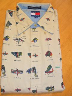 Tommy Hilfiger Mens Medium Dress Casual Shirt Fly Tying Fishing Theme
