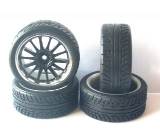 Black Silver Wheels with Treaded Rubber Tyres for 1 10 RC Tamiya HPI