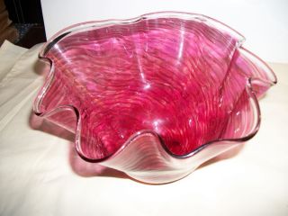 Bowl Decorative Collectible Home Cranberry Swirl Glass
