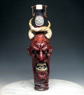 Raku Freak Art Copper Diablo Bottle by Face Jug Maker Dan
