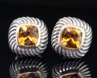 DAVID YURMAN Checkerboard Cut Citrine Square Earrings. 6x6mm 14k Gold