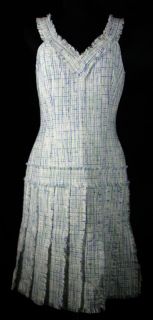 David Meister tweed Dress 6 New white blue green fringe raw edge