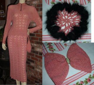 Vintage 30s Coral Crochet Suit Top Skirt S + Matching Purse 2 Hair