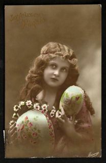 Beautiful Edwardian Girl Long Hair Easter Eggs 1914 Tinted Photo