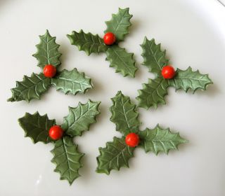 Christmas Holly with Berry Gum Paste Cake Toppers Cupcake Decoration