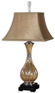 Glamorous Designer Fluted Golden Glass Table Lamp Silken Bell Shade