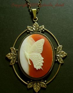 Vintage Sideview Butterfly Cameo Antique Brass Necklace