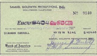 Diahann Carroll Hand Signed Check Autographed Samuel Goldwyn Check