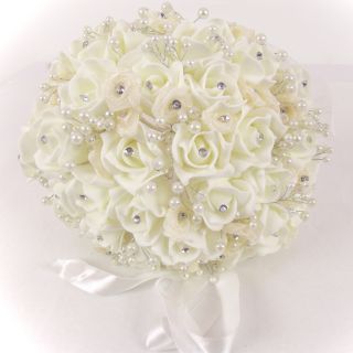 Artificial Foam ROSE BUD and DIAMANTE and PEARL Bridal Bouquet IVORY