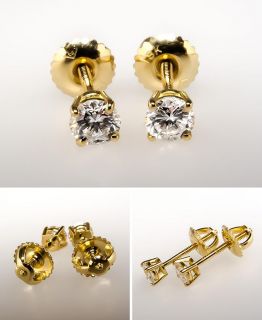 Genuine Diamond Stud Earrings Screw Backs Solid 18K Gold Fine Estate