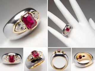 Bvlgari Ruby Diamond Wide Band Cocktail Ring Solid 18K White Yellow