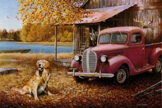 free larry chandler a golden autumn dog old car print