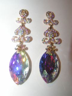 New Very Classic Gold Tone Diamont Cut AB Crystal Chandelier Earrings
