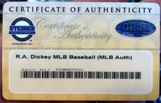 RA Dickey Hand Signed OML Baseball NY Mets Knuckleball STEINER & MLB