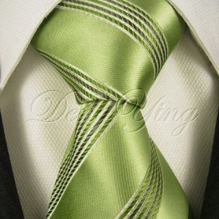 DENG YING Brand New Striped Green Jacquard Woven Mens 100% Silk Ties