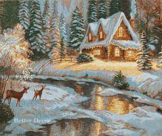 Wall Tapestry Art Deer Creek Cottage Winter Landscape