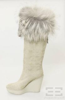 Dior Christian Dior Beige Suede Fox Fur Trim Cannage Wedge Boots Size