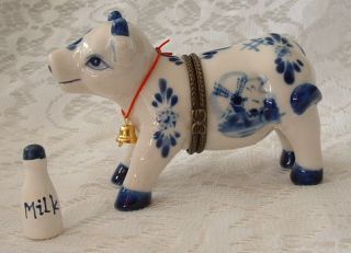 New Handpainted Dutch Delft Blue Cow Cows Porcelain Hinged Trinket Box