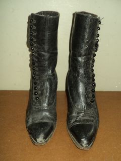 Vtg Antique Womens Victorian Black Leather Shoes Boots