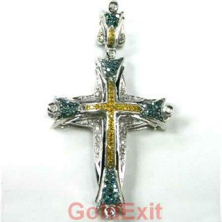  Gold Canary Yellow Blue Diamond Cross Pendant Religious Charm