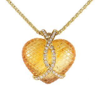18K Yellow Gold Citrine and Diamond Heart Pendant Necklace