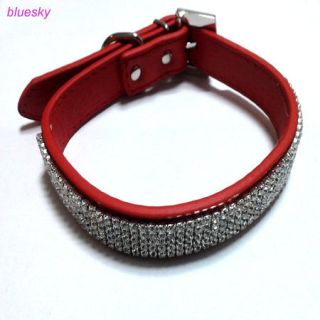 Dog Collars 5 Row Rhinestone Red Leather Large Size L
