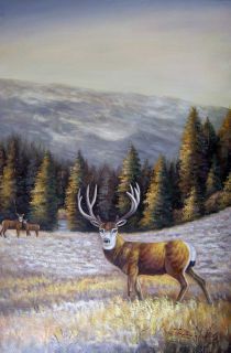 Deer Buck Doe Fawn Mountain Meadow Pine Tree Frosty Landscape Oil