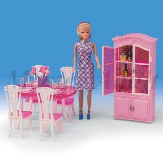   Dinning Set for Barbie Dinning Table Chairs Dish Cabinet Accessories