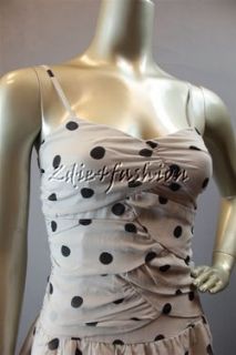 New Line Dot Silk Taupe Beige Gray Ruched Black Polka Dot Mini Dress L