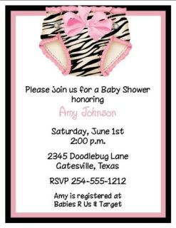  24 Zebra Diaper Baby Shower Invitations