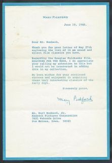  Signed Letter TLS re Douglas Fairbanks SR Film Autographed 1968