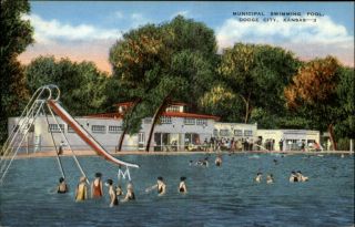 Dodge City KS Swimming Pool Water Slide Old Postcard