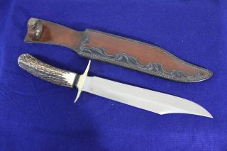 ARKANSAS MADE DOZIER ROLLED STAG MASSIVE BOWIE KNIFE TREESTUMP LEATHER